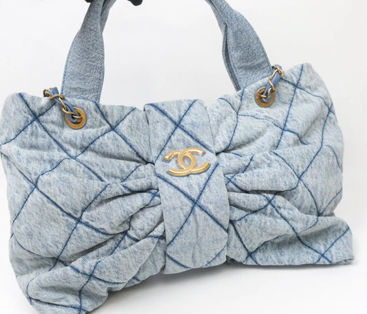 Chanel Washed Denim Quilted Bow Bag Aged Gold Hardware