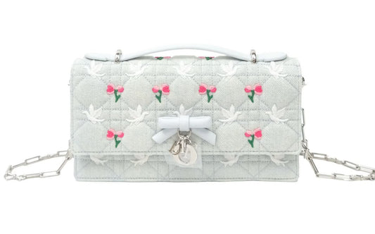 Dior Dioramour My dior mini bag Blue cannage denim Embroidered Doves & Roses Motif