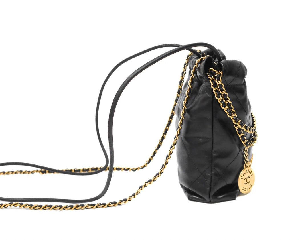 Chanel 22 Mini Bag Black Crumpled Calfskin Aged Gold Hardware 2023