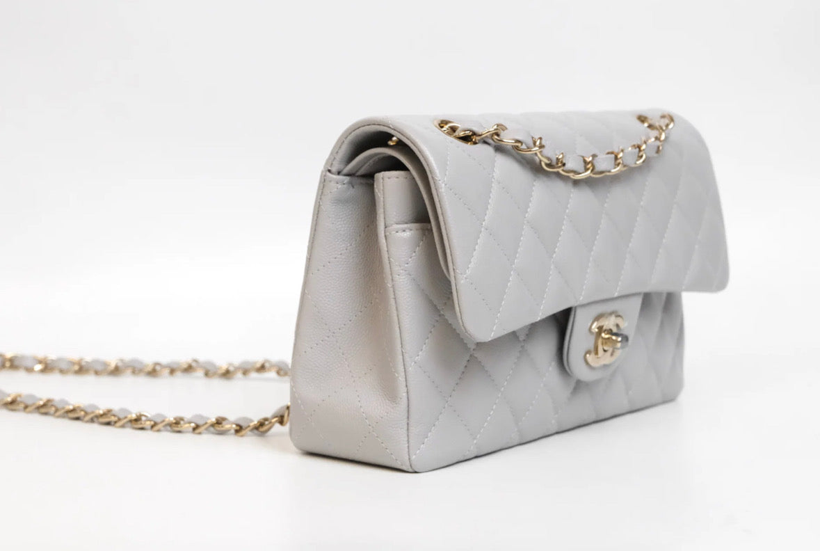 Chanel Small Classic Flap Quilted Grey Caviar Gold Hardware 2021