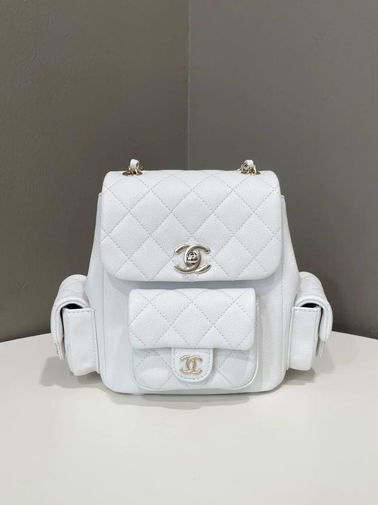 Chanel 23K Triple Duma Backpack Ivory White Caviar