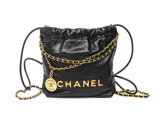 Chanel 22 Mini Bag Black Crumpled Calfskin Aged Gold Hardware 2023