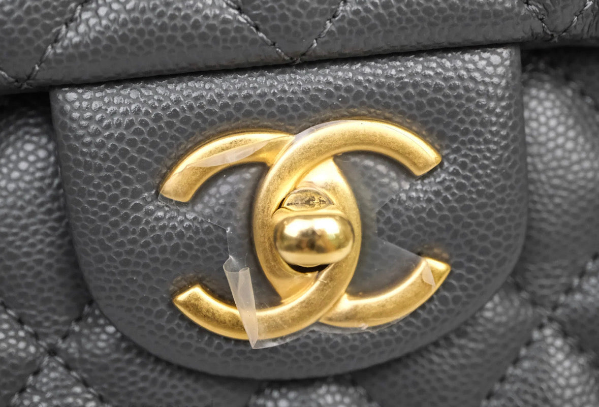 Chanel Quilted CC Top Handle Flap Bag Grey Caviar Aged Gold Hardware Chanel