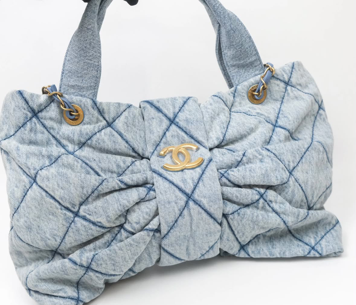 Chanel Washed Denim Quilted Bow Bag Aged Gold Hardware