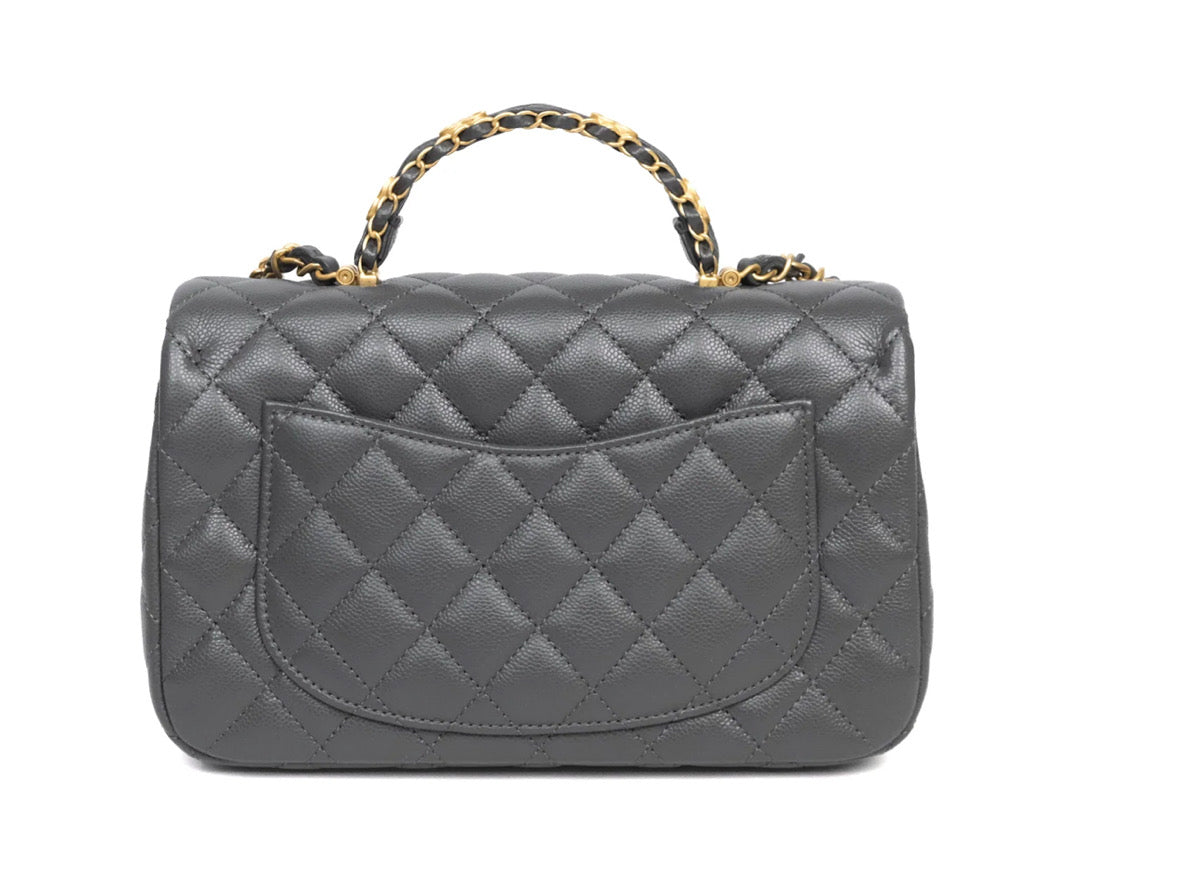 Chanel Quilted CC Top Handle Flap Bag Grey Caviar Aged Gold Hardware Chanel