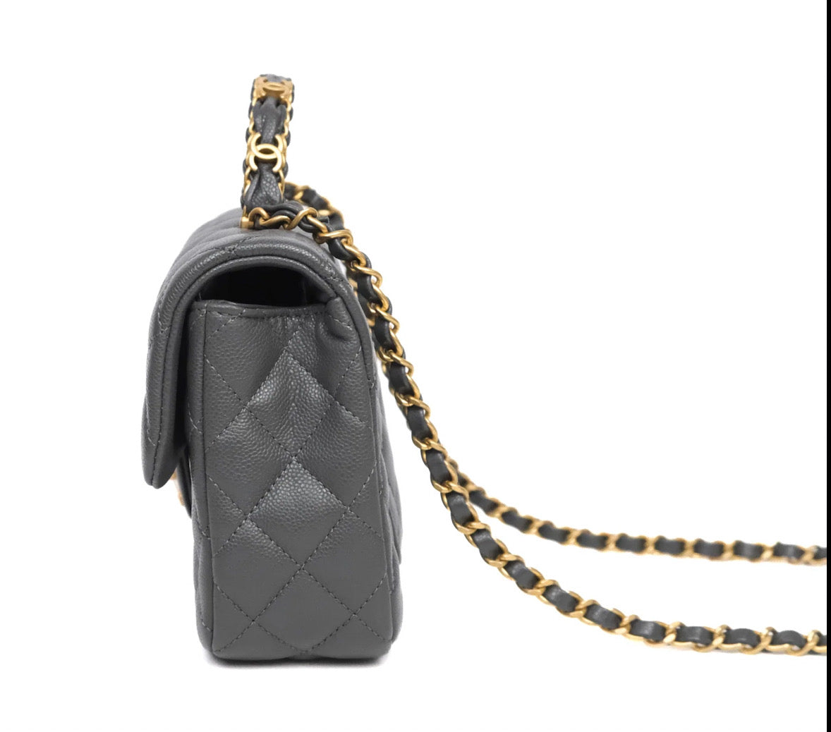 Chanel Quilted CC Top Handle Flap Bag Grey Caviar Aged Gold Hardware Chanel