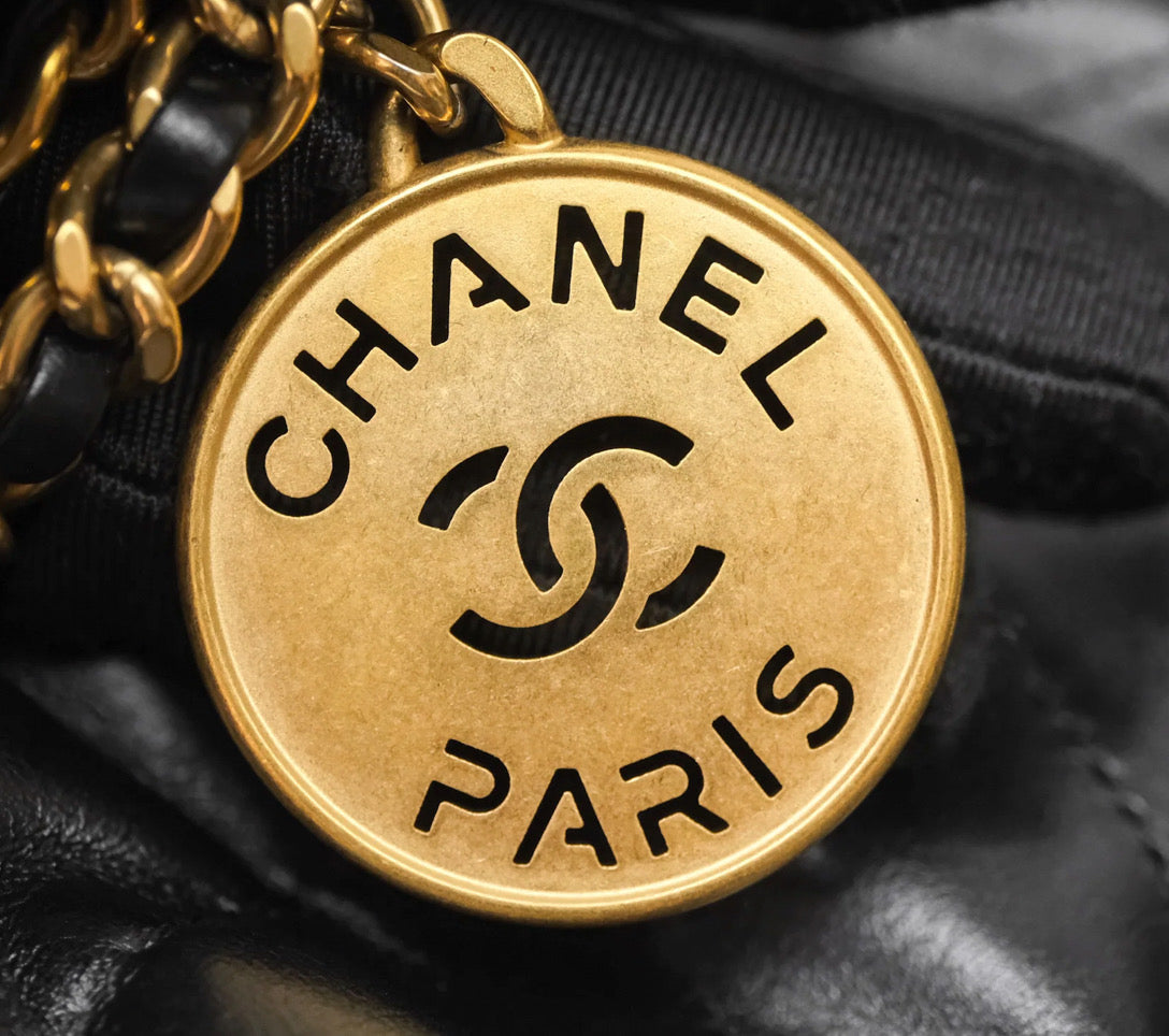 Chanel 22 Mini Bag Black Crumpled Calfskin Aged Gold Hardware 2023