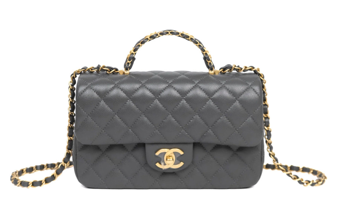Chanel Quilted CC Top Handle Flap Bag Grey Caviar Aged Gold Hardware Chanel