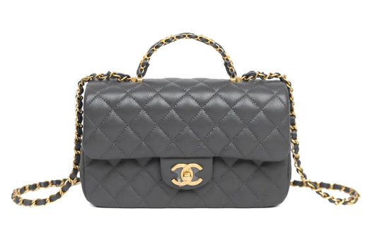 Chanel Quilted CC Top Handle Flap Bag Grey Caviar Aged Gold Hardware Chanel