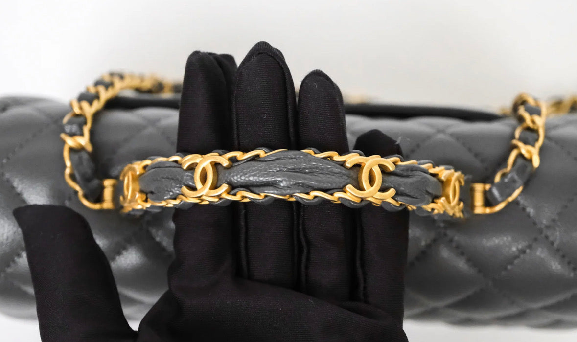 Chanel Quilted CC Top Handle Flap Bag Grey Caviar Aged Gold Hardware Chanel