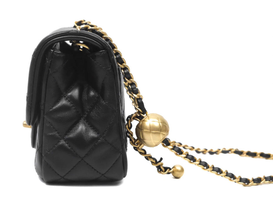 Chanel Pearl Crush Mini Square Quilted Black Lambskin Aged Gold Hardware