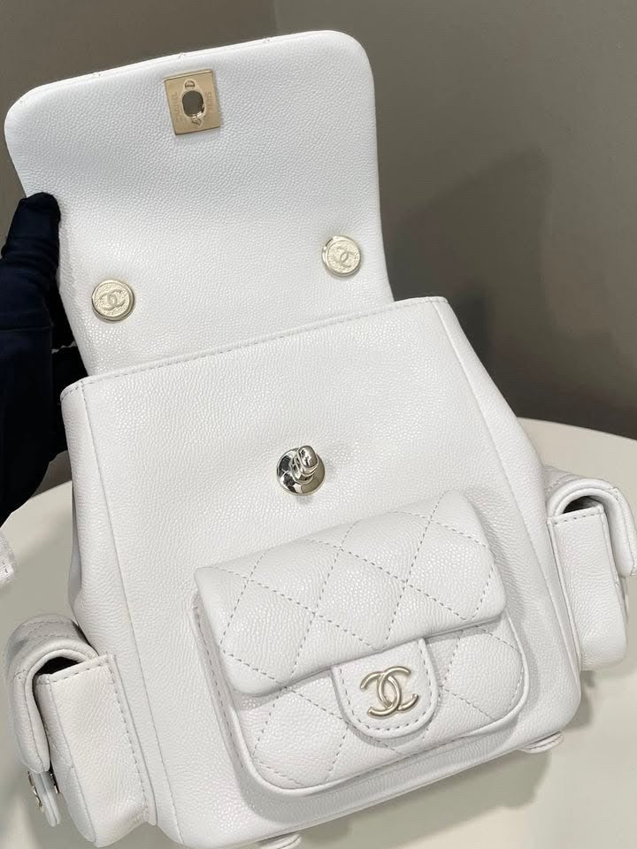 Chanel 23K Triple Duma Backpack Ivory White Caviar