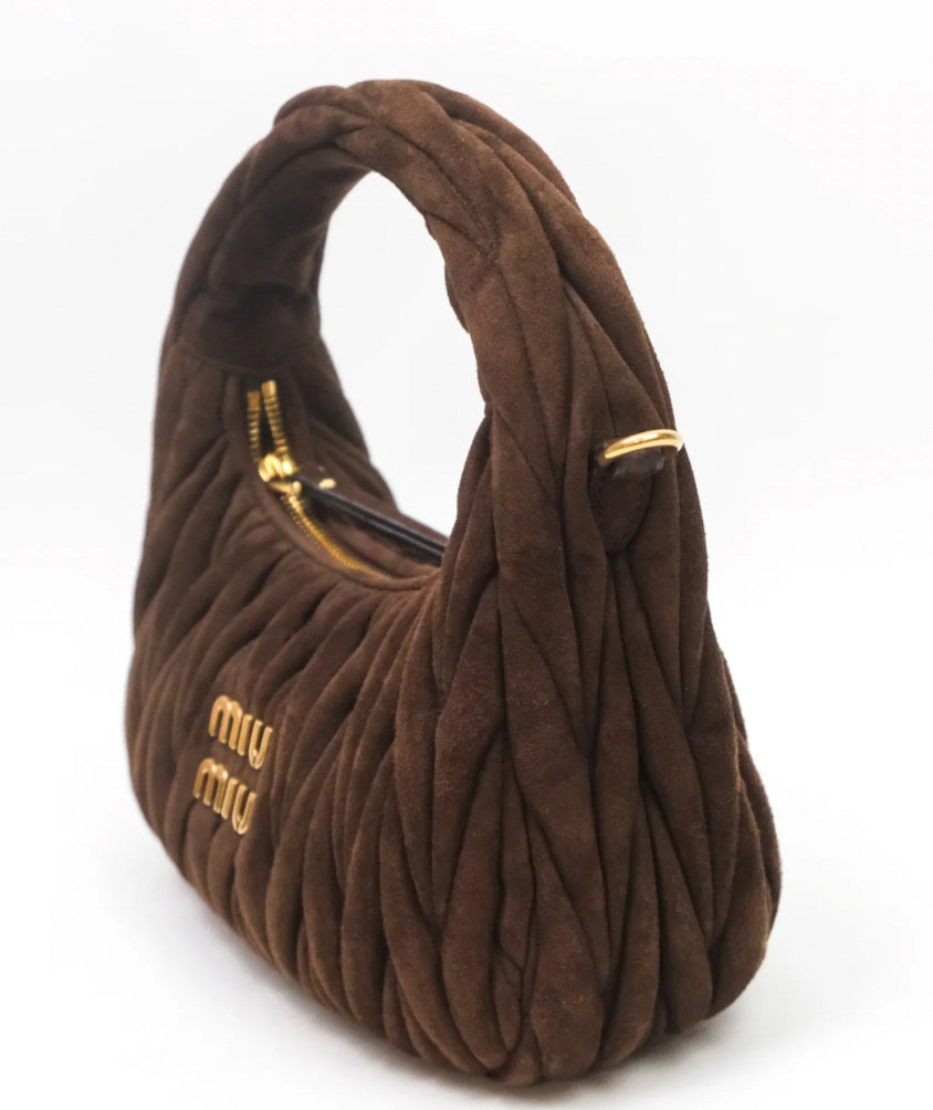 Miu Miu Wander Matelassé Hobo Bag Brown Suede