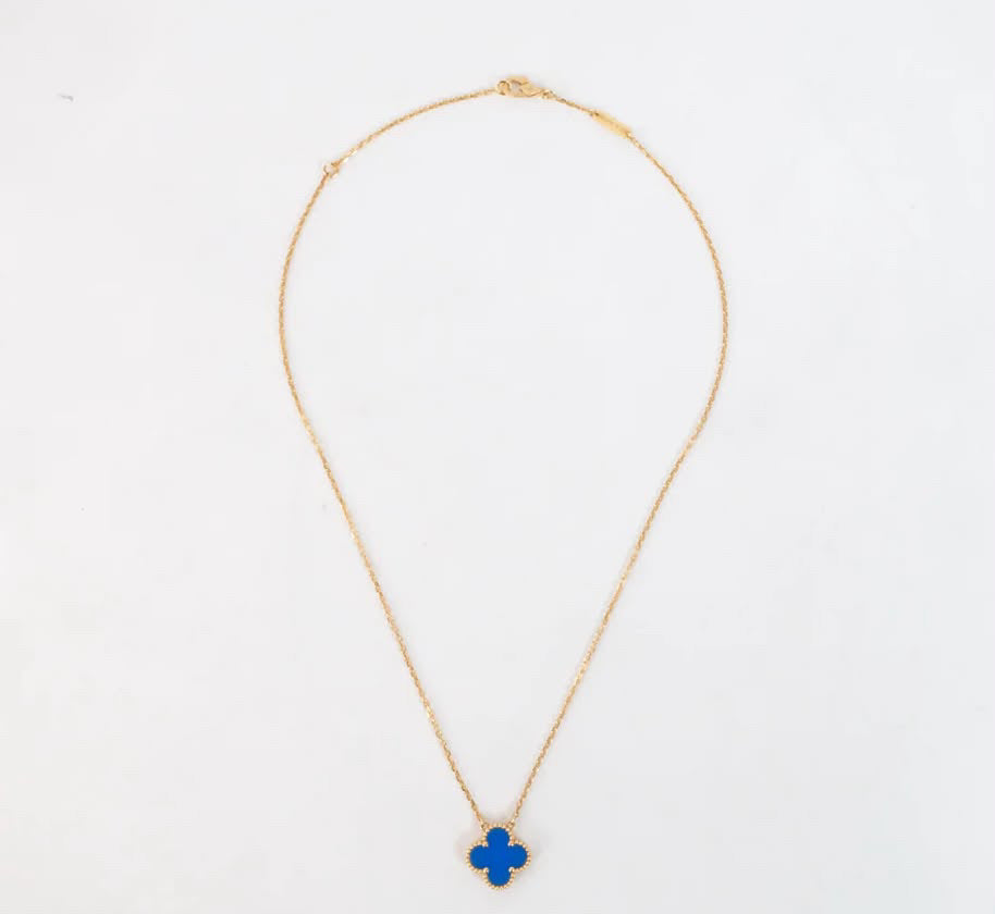 Van Cleef & Arpels Vintage Alhambra Pendant Necklace Blue Agate 18K Yellow Gold