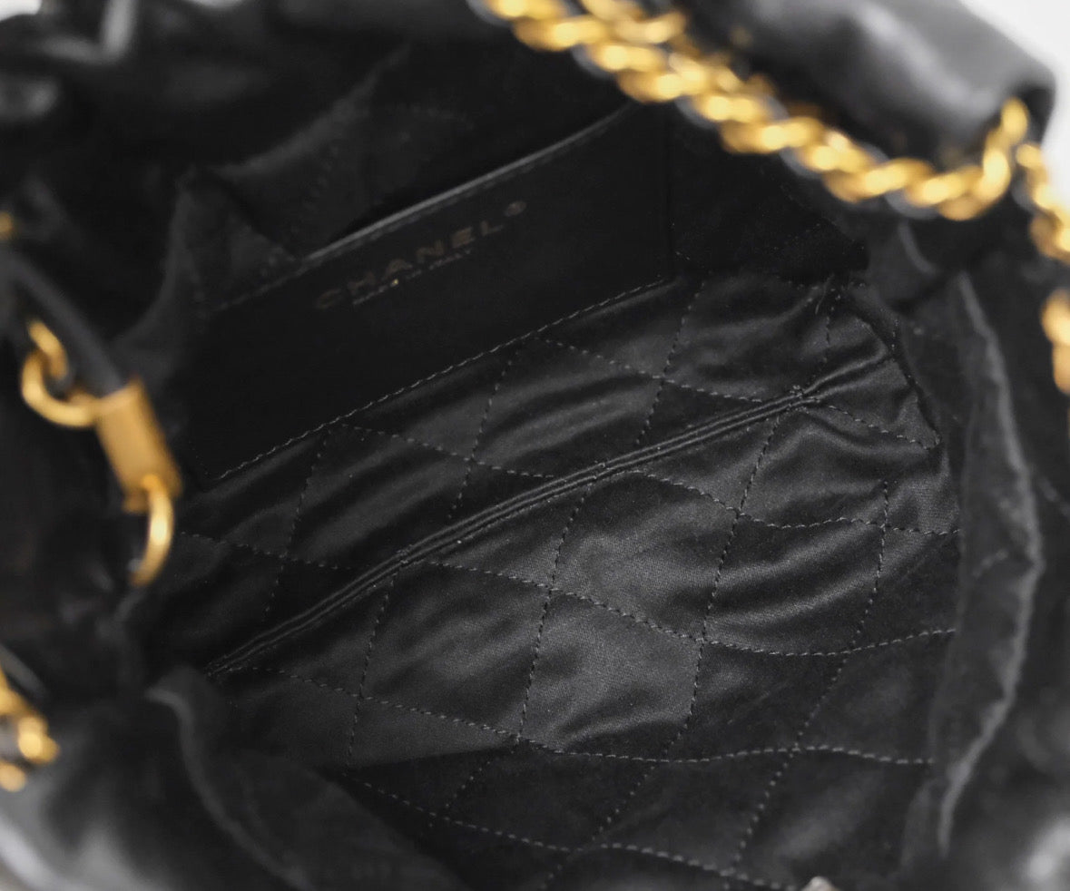 Chanel 22 Mini Bag Black Crumpled Calfskin Aged Gold Hardware 2023
