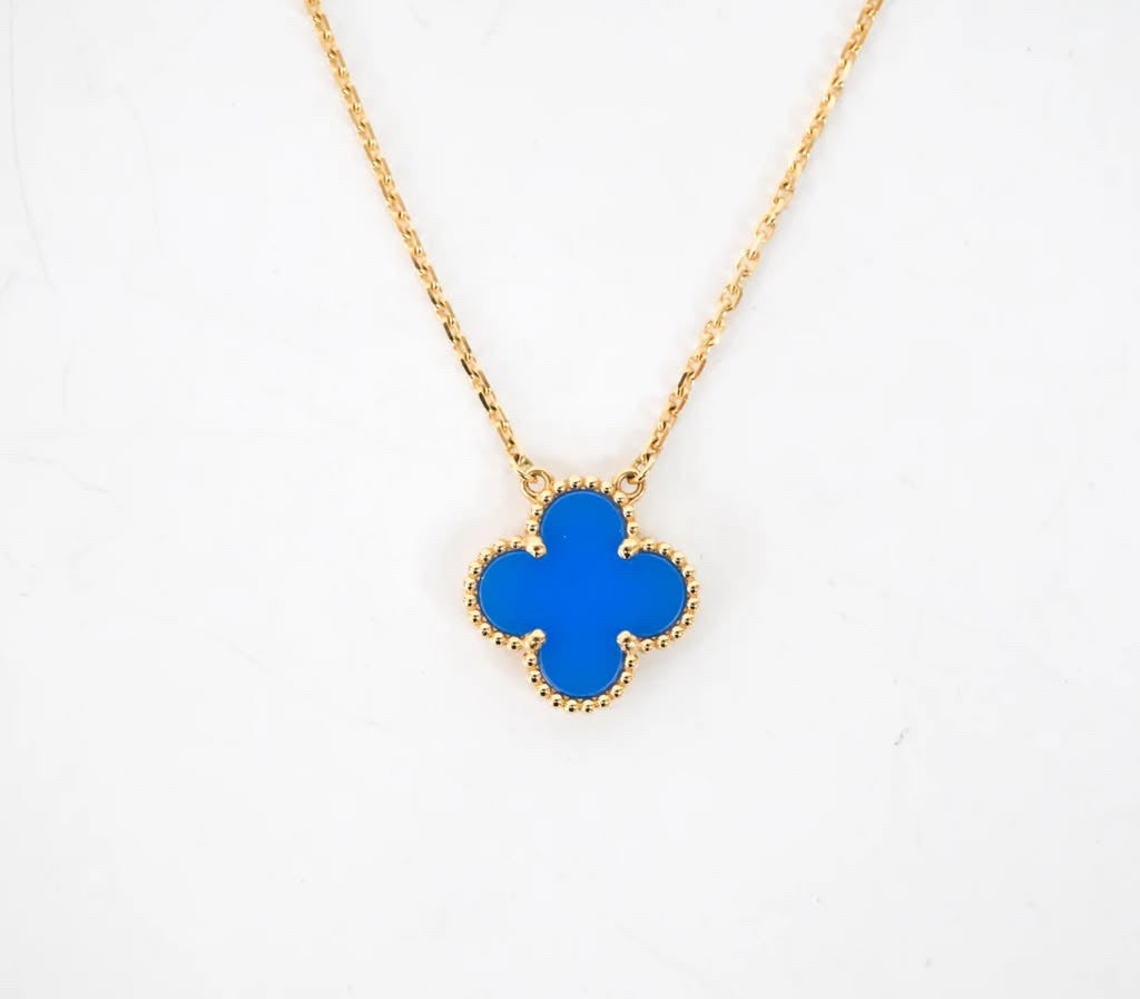 Van Cleef & Arpels Vintage Alhambra Pendant Necklace Blue Agate 18K Yellow Gold