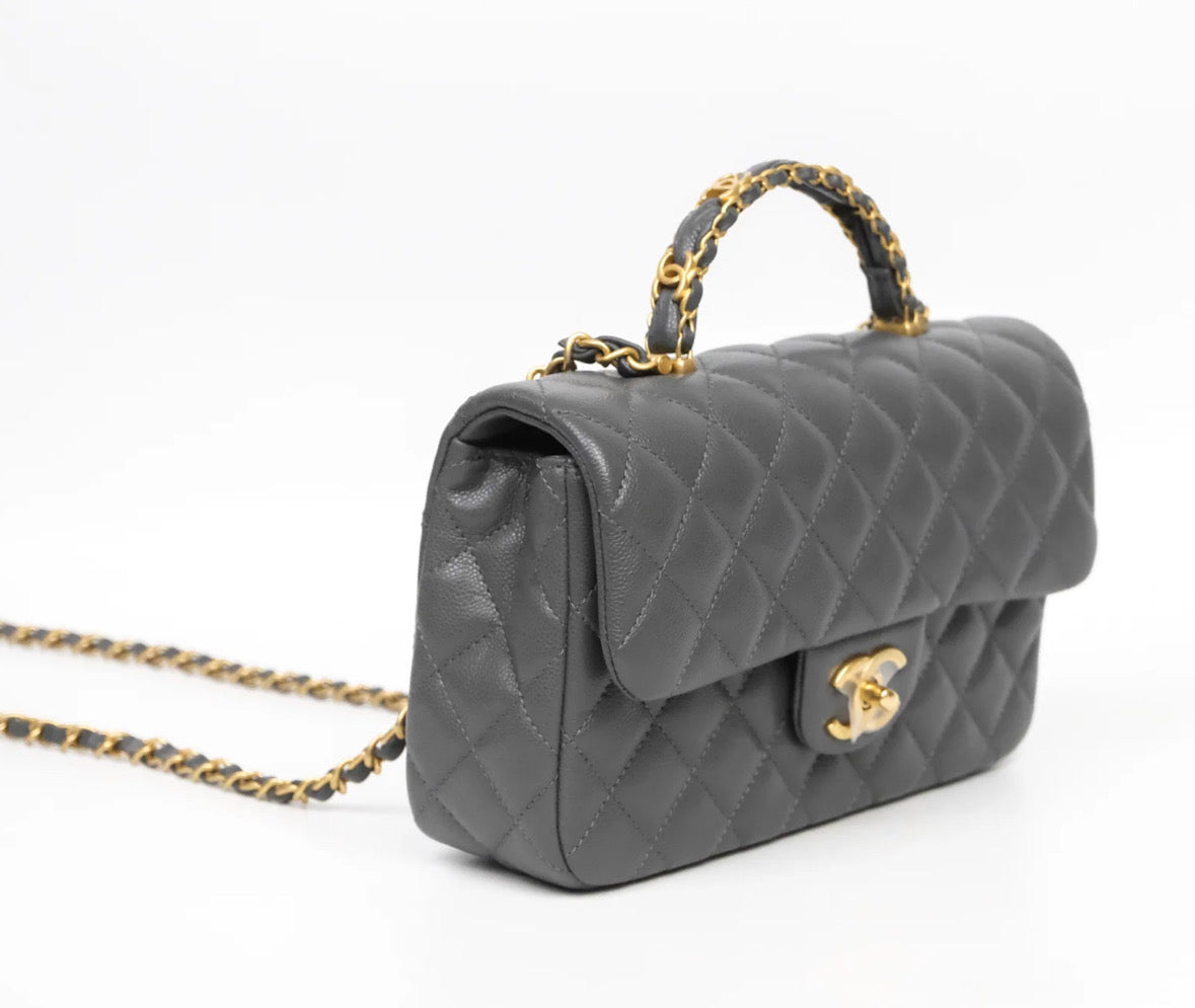 Chanel Quilted CC Top Handle Flap Bag Grey Caviar Aged Gold Hardware Chanel