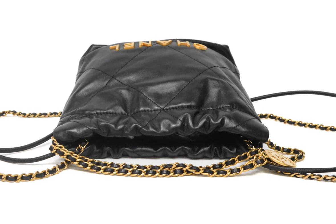 Chanel 22 Mini Bag Black Crumpled Calfskin Aged Gold Hardware 2023