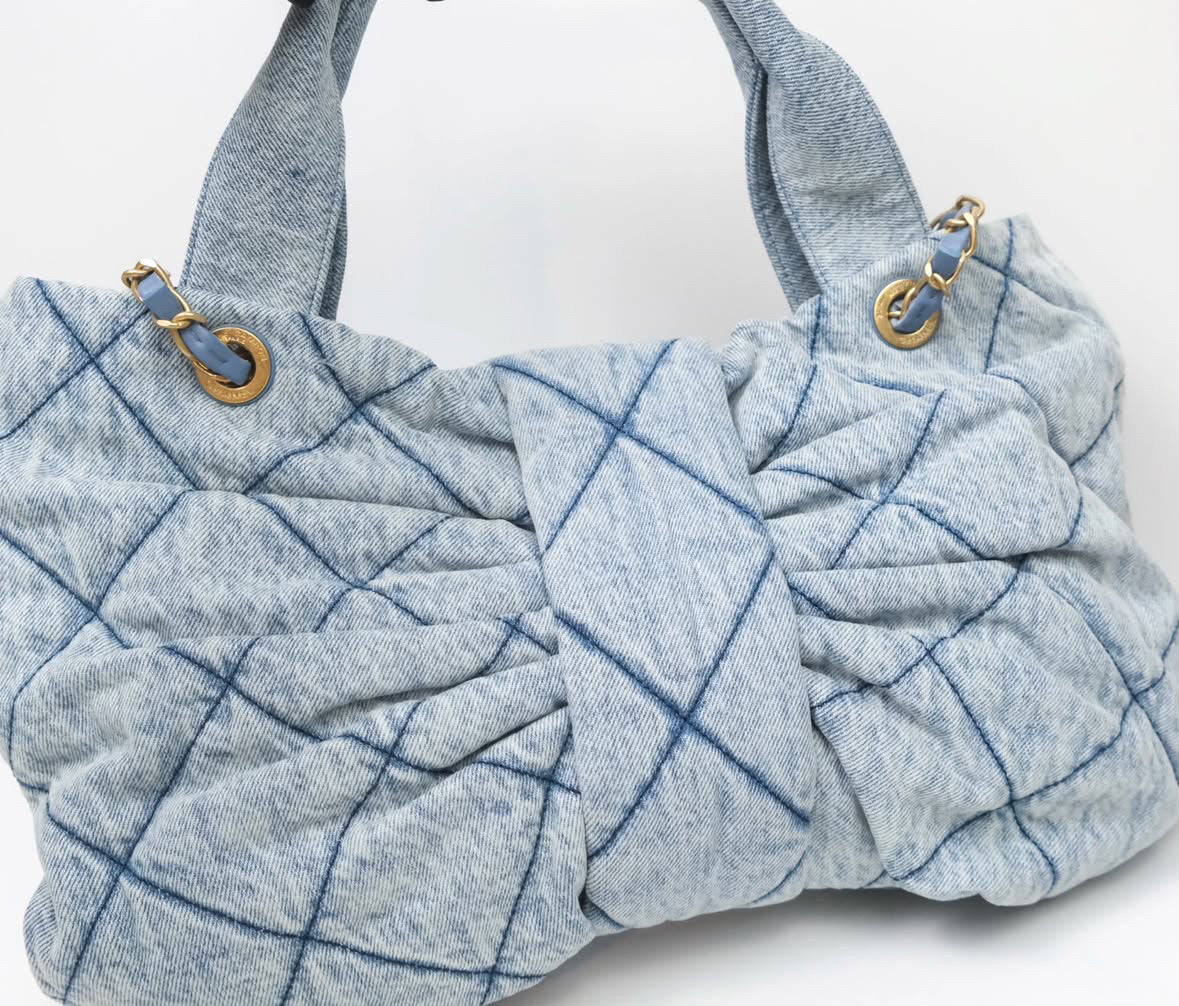 Chanel Washed Denim Quilted Bow Bag Aged Gold Hardware