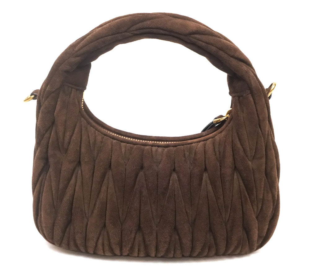 Miu Miu Wander Matelassé Hobo Bag Brown Suede