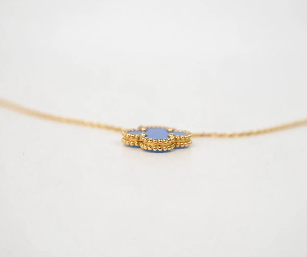 Van Cleef & Arpels Vintage Alhambra Pendant Necklace Blue Agate 18K Yellow Gold
