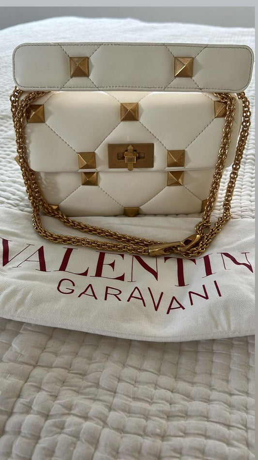 Valentino Roman Stud Medium Shoulder Bag In White